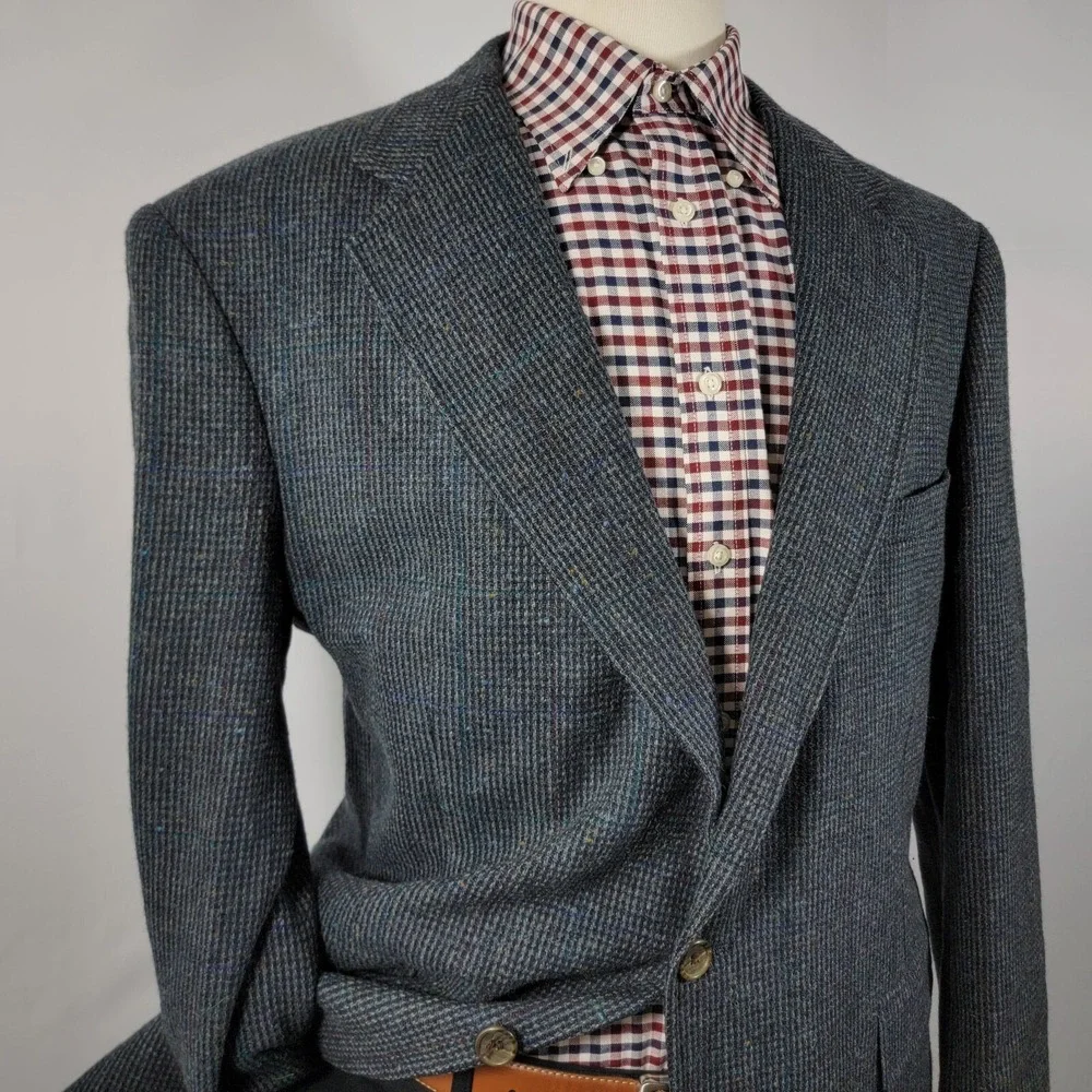 VTG Evan Picone Men's Tweed Sport Coat Blazer‎ Two Button Navy Plaid Wool Sz 44L